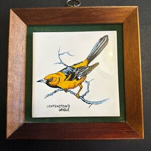 Vintage Norleans Japan Wood Framed Bird Tile Lichtensteins Oriole Wall Art